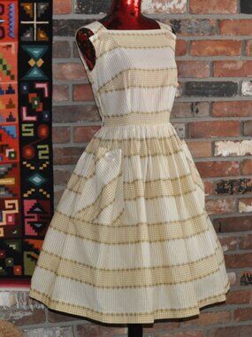 Vintage 50s Pastel Yellow Gingham Striped Leo Danal Pleated Dress Full Skirt S/M